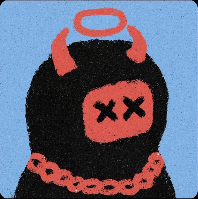 A stylized illustration of a black figure with horns, an orange halo, X-marked eyes, and a chain necklace set against a light blue background.