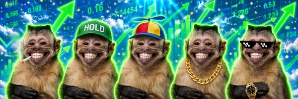 A humorous meme image showing five monkeys with human-like smiling faces wearing various accessories (cap, sunglasses, propeller hat, gold chain) set against a background of rising stock charts and green arrows.