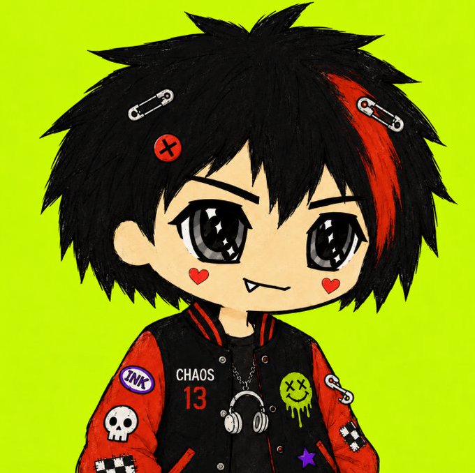 A chibi-style cartoon character with black hair featuring a red streak, safety pins, and a heart-shaped blush, wearing a jacket labeled 'CHAOS 13' with various pins including one reading 'INK' and a skull.