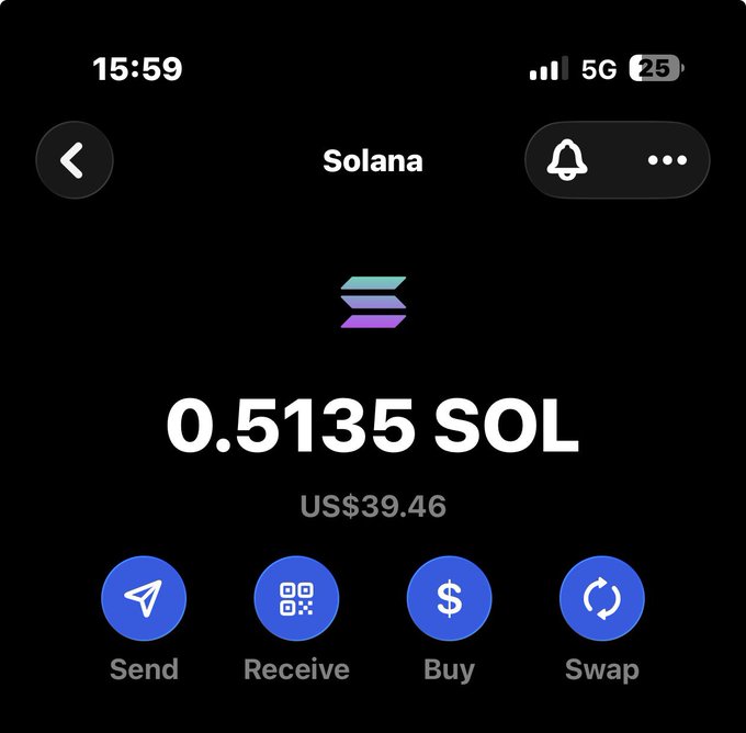 A screenshot of a Solana wallet displaying a balance of 0.5135 SOL (US$39.46), showing Send, Receive, Buy, and Swap options. The image supports the giveaway post by inviting users to drop their Solana addresses to potentially win the displayed SOL balance.