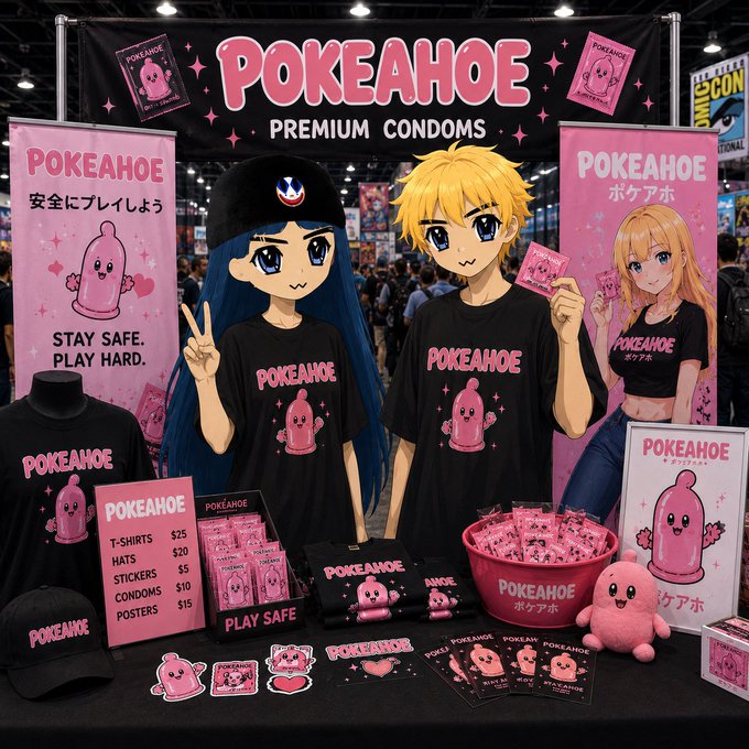 An anime-style convention booth displays 'POKEAHOE PREMIUM CONDOMS' merchandise including t-shirts, hats, and stickers, with costumed characters in pink and black posing behind the table; visible prices list T-shirts $25, Hats $20, Stickers $5, Condoms $10, Posters $15.