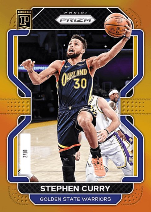 A Panini Prizm basketball trading card featuring Stephen Curry (#30) of the Golden State Warriors driving to the basket, numbered 2/10.