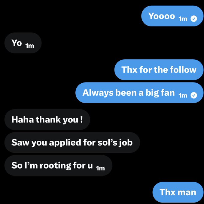 A Twitter DM exchange showing the user thanking someone for their follow, with the recipient replying "Haha thank you! Saw you applied for sol's job. So I'm rooting for u" before the user responds "Thx man," supporting the post about seeking to contribute at @SolanaFndn.