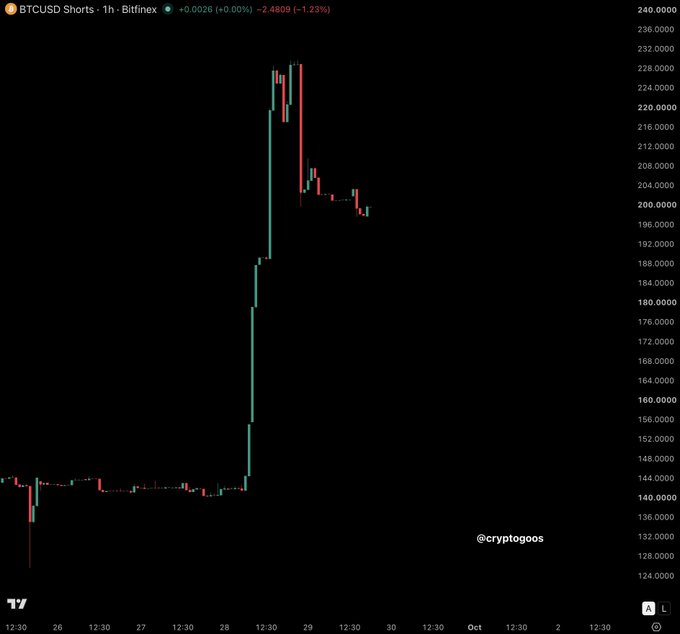 Bitcoin/USD shorts chart on Bitfinex (BTCUSD Shorts) showing a dramatic price spike from ~140 to ~228 followed by a sharp decline, ending at $200 with a -1.23% change.