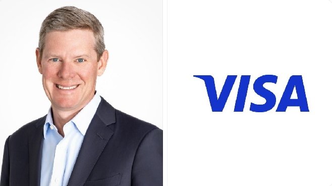 Visa CEO Ryan McInerney, pictured alongside the Visa logo, discussed the company's multi-chain, multi-coin approach to stablecoins including USDT, USDC, and OpenUSD during what appears to be a recent corporate announcement or interview.