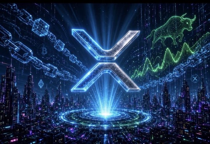 A digital graphic displays a large XRP (Ripple) cryptocurrency logo hovering over a futuristic neon cityscape with a blockchain chain, bull figure, and rising green chart.