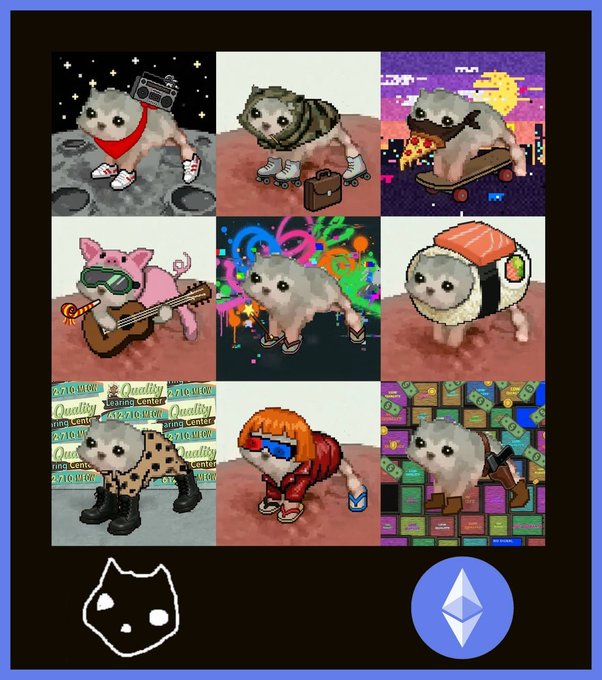 A grid of eight cartoon images featuring a small fluffy dog dressed in various costumes and scenes, including an astronaut, guitarist with a pink pig, sushi, and cowboy. Crypto logos for Cat (POPCAT) and Ethereum (ETH) appear at the bottom.
