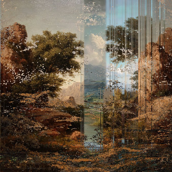 An abstract, glitch-style digital landscape that blends classical painting aesthetics of mountains and trees with vertical data-stream distortion effects.