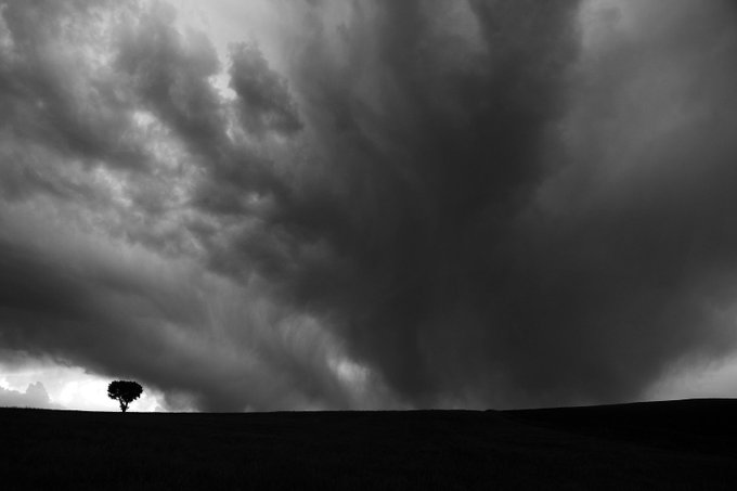 A dramatic black and white landscape photograph showing a lone tree silhouetted against a horizon beneath a massive, turbulent storm cloud formation.