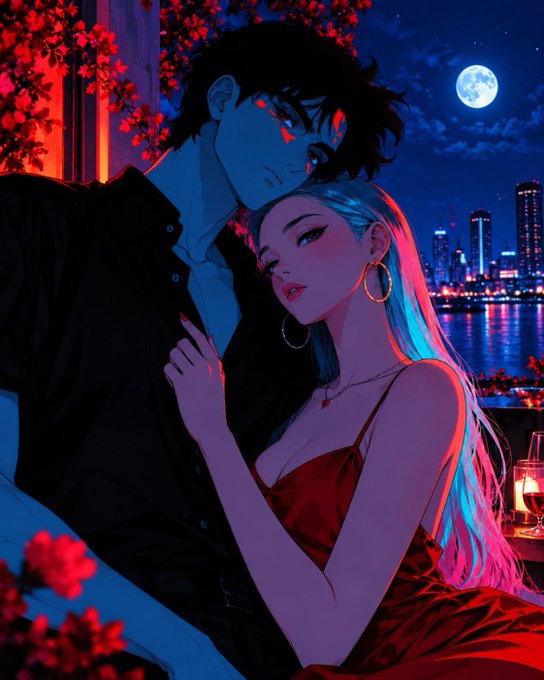 An anime-style illustration depicts a couple in an intimate embrace at night, with the man bathed in blue light and the woman in red, set against a city skyline with a full moon.