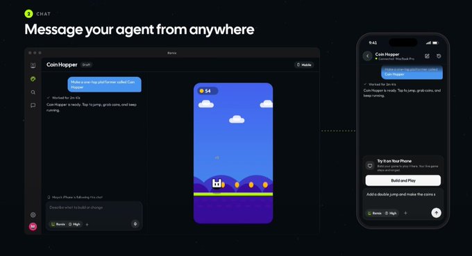 The image displays "Message your agent from anywhere" with the "CHAT" Remix feature, showing a desktop interface with a "Coin Hopper" prompt—"Build a one-tap jump theme called Coin Hopper"—and an iPhone mockup displaying a playable side-scrolling game where "Coin Hopper is ready" and instructions read "Tap to jump, grab coins, and keep moving."