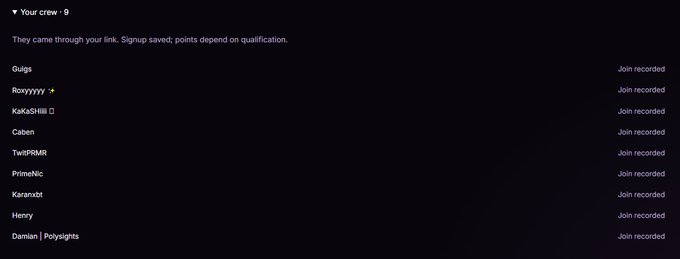 A dark-themed webpage lists individuals who joined via a referral link under the heading 'Your crew · 9'. Names like Guigs, Roskyyyy, and Kakashi are shown with 'Join recorded' next to each.