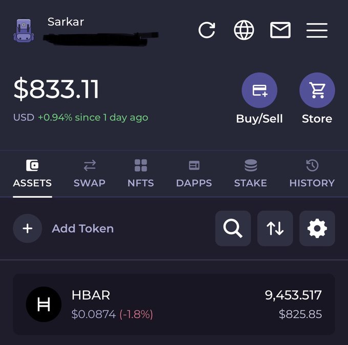 A cryptocurrency wallet app screenshot shows an account named 'Sarkar' with a balance of $833.11 USD, and holdings of 9,453.517 HBAR tokens valued at $825.85.