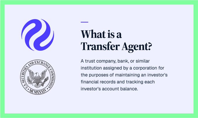 An informational graphic defines a Transfer Agent as "a trust company, bank, or similar institution assigned by a corporation for the purposes of maintaining an investor's financial records and tracking each investor's account balance," featuring the SEC seal and a blue logo. The image visually supports the post's announcement by clarifying the official SEC definition of a Transfer Agent, the designation Injective has just received as the first Layer-1 blockchain.