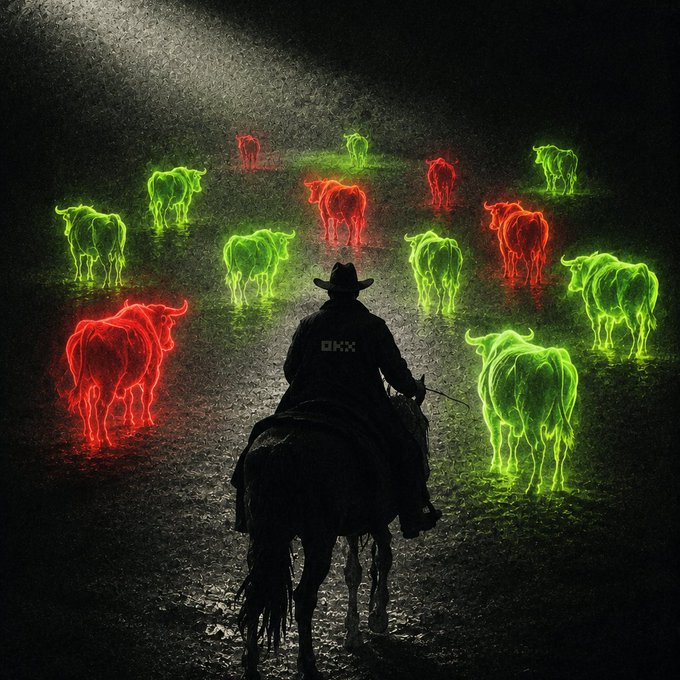 An artistic digital illustration of a cowboy on horseback labeled 'OKX' silhouetted against a herd of neon green and red glowing cattle.