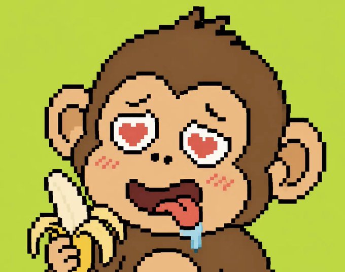 A pixel-art monkey with heart-shaped eyes, drooling over a banana against a green background, illustrating a giveaway post for 10 GTD spots for @ApezHood.