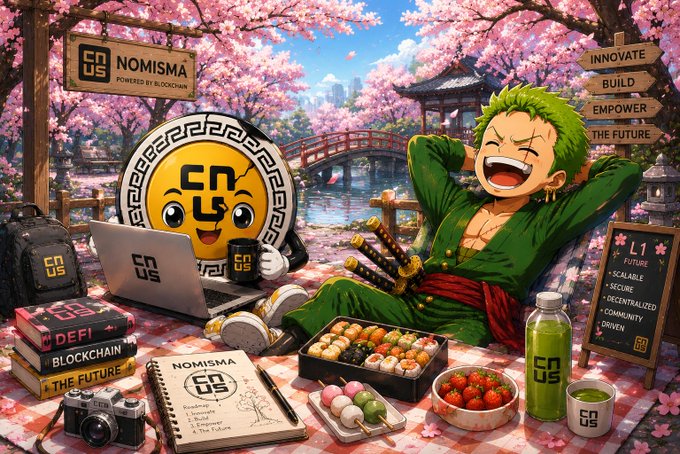 The image features an illustration of a cartoon character wearing a green outfit with a sword and shield, sitting at a picnic table surrounded by various items such as books, cups, bowls, and a laptop. The character appears to be enjoying their time outdoors while eating food from a bowl on the table. The background includes trees and flowers, creating a serene atmosphere for the scene.

The image also contains text that reads "I think a lot of people are focusing on the reward pool and missing what makes the @NomismaNetwork campaign interesting", which suggests that the character might be discussing or promoting the content creation aspect of the campaign. The character's presence in this setting adds an element of whimsy to the image, making it more engaging for viewers who may relate to the character's enthusiasm for creating original content and sharing it with others.