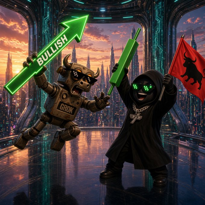 Two cartoon crypto figures celebrate in a futuristic cityscape: a GROK-branded robotic bull holding a neon green "BULLISH" arrow, alongside a hooded figure with LED glasses waving a red bull flag.