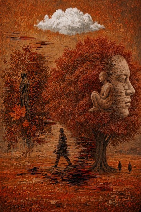 A surreal autumnal painting featuring figures walking among red-leaved trees, with large sculptural faces embedded in the foliage and a single white cloud floating overhead.