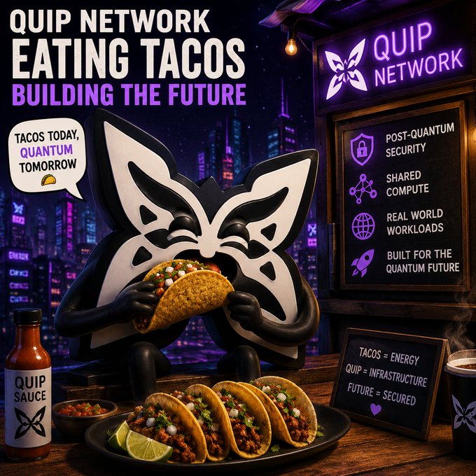 The image features a cartoon depiction of a taco eating a piece of pizza, with the text "It's Taco Tuesday" written above it. The scene also includes several tacos placed on plates, as well as a cup of coffee nearby. The background shows buildings in an urban setting, suggesting that this is taking place at a restaurant or food establishment.

The post appears to be promoting Quip Network and their focus on Quantum computing. It emphasizes the importance of staying ahead of the curve when it comes to technology advancements, particularly in the field of Quantum computing. The image encourages people to explore Quip network while enjoying some delicious tacos as part of Taco Tuesday.
