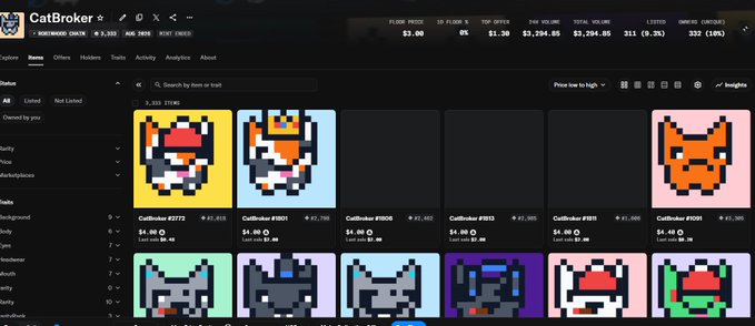 A screenshot of the CatBroker website showing a grid of pixel-art cat NFT cards with names like 'CatBroker #2772', 'CatBroker #1001', and 'CatBroker #9908', displaying prices and last sold amounts.