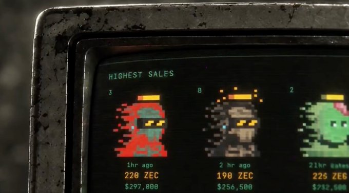 A retro pixel-art screen displays "HIGHEST SALES" with three character rankings (#3 red, #8 gray, #2 green) showing prices in ZEC currency (220, 190, and 225 ZEC) and USD equivalents ($297,000, $256,500, $732,500).