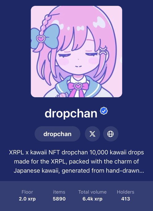 An NFT collection profile for 'dropchan' featuring a pink-haired anime-style kawaii character, with stats showing Floor 2.0 xrp, items 5890, Total volume 6.4k xrp, and 413 Holders.