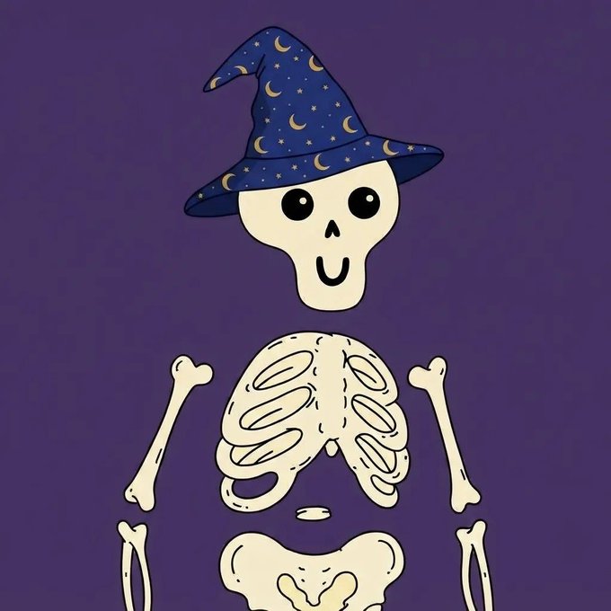 A cute cartoon skeleton wearing a blue wizard hat decorated with crescent moons and stars against a purple background, fitting the Halloween/skull theme of the "999 Skully Pop" NFT announcement coming to Robinhood App for the first 99 wallets.