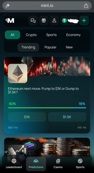 A screenshot from the mint.io mobile app showing a crypto prediction market for Ethereum with a question 'Ethereum next move: Pump to $3K or Dump to $1.5K?' displaying an 82% to 18% vote ratio.