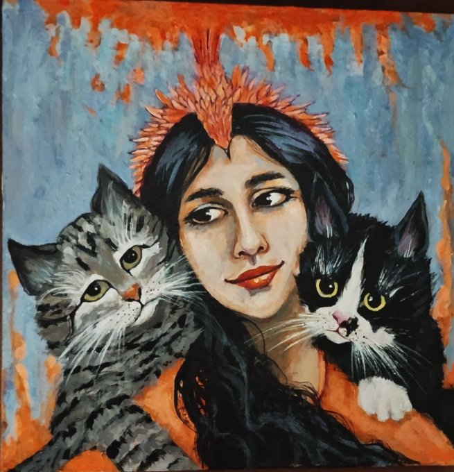 A painting of a dark-haired woman with two cats—one gray tabby and one black and white—set against a blue and orange textured background.