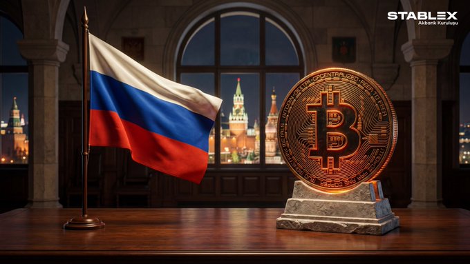 The image features a Russian flag displayed on a wooden desk beside a large golden Bitcoin coin mounted on a stone pedestal, with Moscow's illuminated skyline visible through an arched window in the background. The "STABLEX" logo with "Abonə Kuruluşu" text appears in the upper right corner, visually representing the headline news about Putin signing a historic law permitting cryptocurrency trading in Russia.