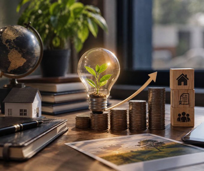 A conceptual image shows a lightbulb containing a green seedling rising from stacks of gold coins, with an upward arrow, a house figurine, a globe, books, a plant, and wooden blocks depicting a home, document, and people, all symbolizing the growth of real-world utility and sustainable value—aligning with the post's message about GENVAULT and GENX delivering practical RWA solutions and long-term innovation.