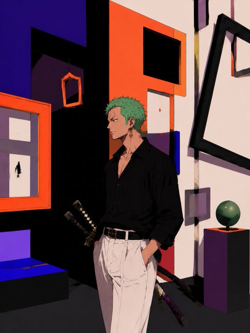 An anime-style illustration of a green-haired male character in a black shirt and white pants, standing in a gallery-like space surrounded by empty picture frames and geometric shapes.