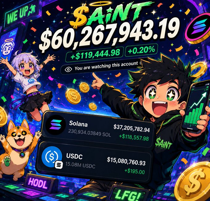 A vibrant anime-style graphic celebrates a "$AINT" account now exceeding $60,267,943.19 with +$119,444.98 gains (+0.20%), showing holdings of 230,934 SOL (Solana) and 15.08M USDC, while cheering characters, a Shiba Inu, and "HODL/LFG!" banners hype up the giveaway promotion.