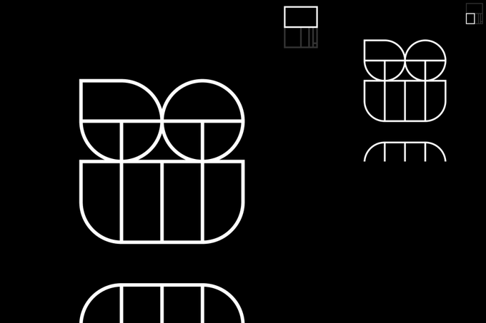 A minimalist black graphic design featuring white geometric outlines of stacked circles and rounded rectangles arranged in a Bauhaus-inspired composition.