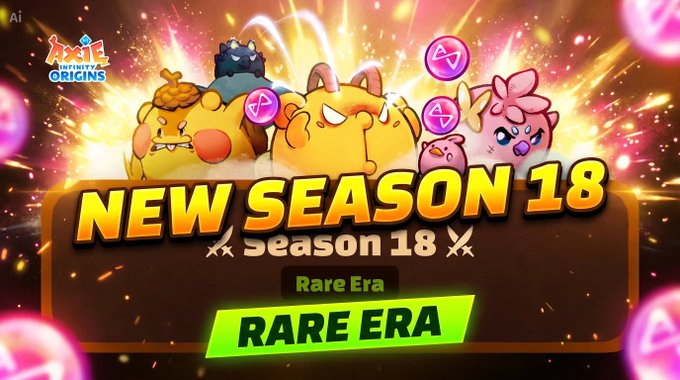 A vibrant promotional graphic for the game Axie Infinity Origins, announcing 'NEW SEASON 18' with a 'RARE ERA' banner, featuring colorful character illustrations and pink energy orbs.