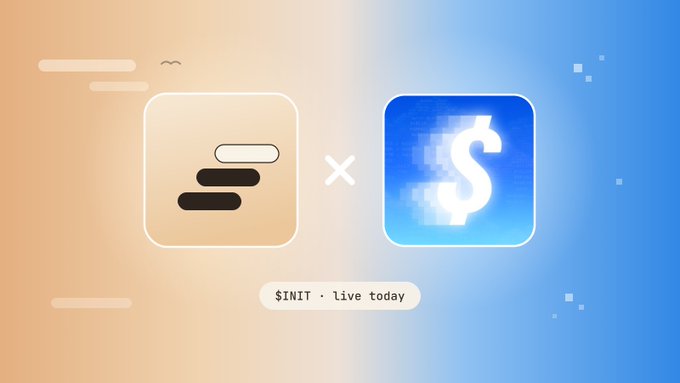A promotional graphic with a peach-to-blue gradient background featuring app icons and the text '$INIT · live today'.