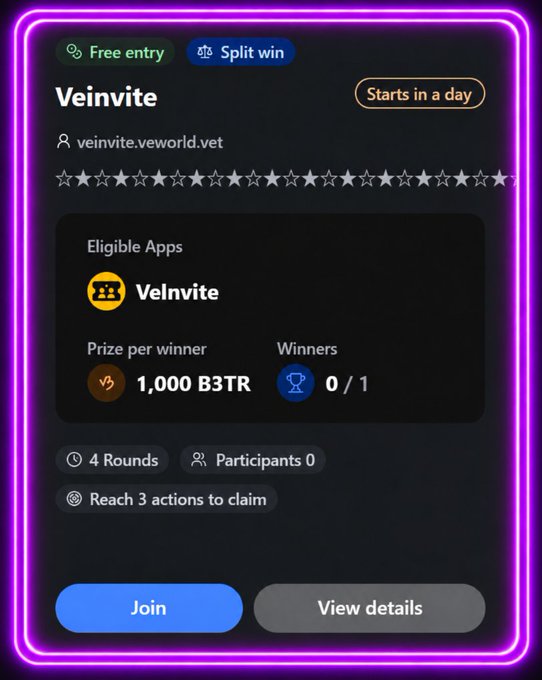 A digital event card for 'Veinvite' on veworld.vet showing 0/1 winners and a prize of 1,000 B3TR, with options to 'Join' or 'View details'.