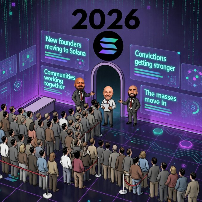 A digital illustration shows a crowd of people lined up at a "2026" event featuring the Solana logo, with three cartoon figures standing on a futuristic stage surrounded by signs reading "New founders moving to Solana," "Communities working together," "Convictions getting stronger," and "The masses move in."