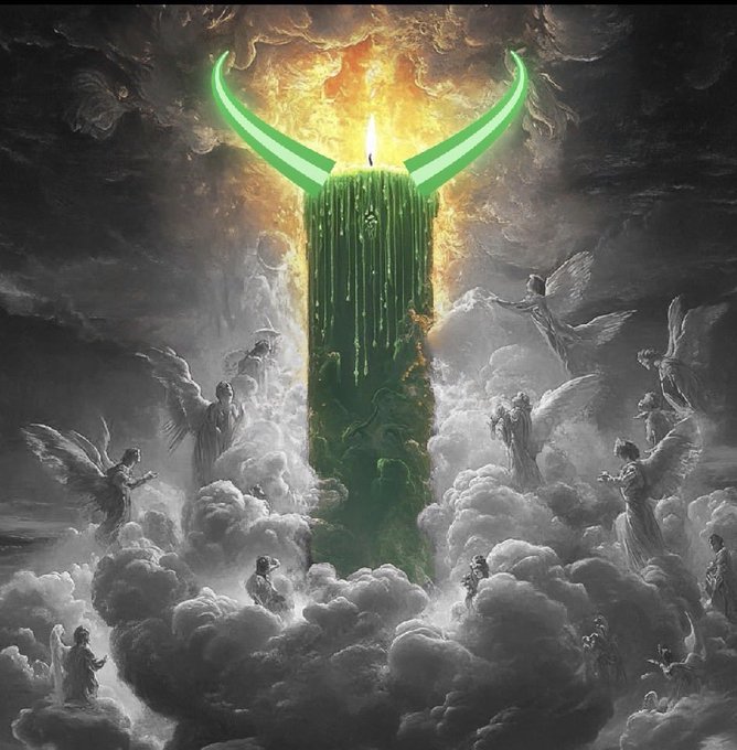 A fantasy digital artwork depicts a towering green pillar topped with a flame, flanked by glowing green wing-like shapes, surrounded by angelic statues emerging from dramatic clouds.