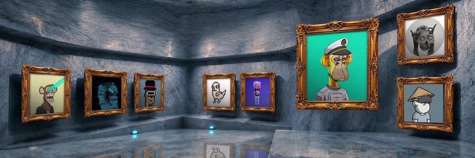 A digital art gallery with curved stone walls displays seven ornate gold-framed pictures featuring various cartoon characters including dogs, a monkey in a sailor outfit, and a bird.
