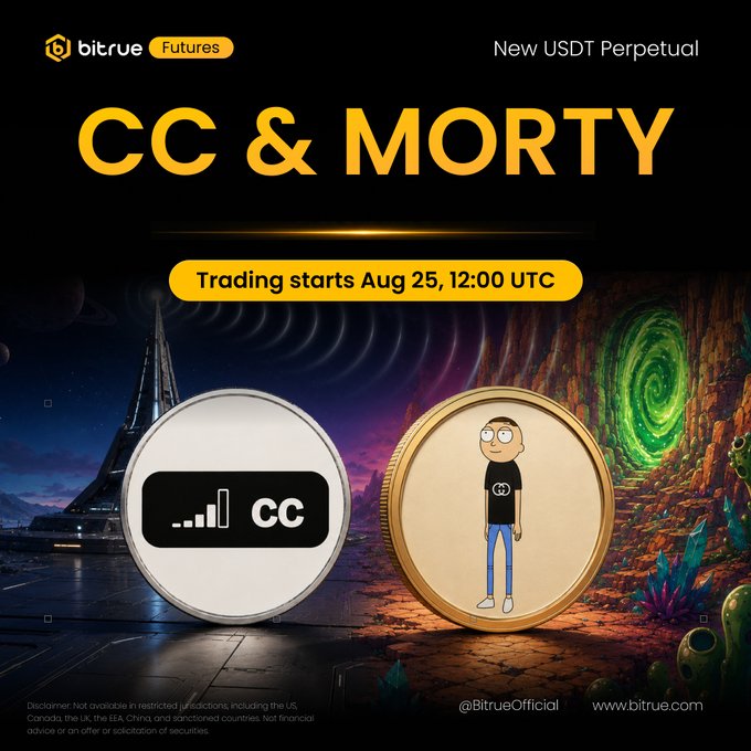 A Bitrue Futures promotional graphic announces "New USDT Perpetual" listings for "CC & MORTY" tokens, featuring two coin illustrations—a silver coin with the "CC" growth-bar logo and a gold coin depicting the Morty character—against a cosmic sci-fi backdrop, with trading set to begin "Aug 25, 12:00 UTC," aligning with the post's teaser about upcoming perpetuals for Creator Capital's "CC" Solana token and "Morty."