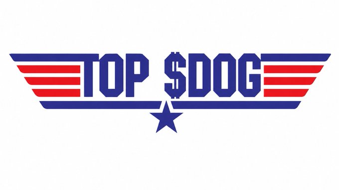 Logo for 'TOP $DOG' featuring patriotic red, white, and blue colors with wings and a star design.