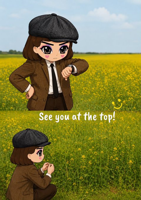 The image features a chibi character in a flat cap and brown suit checking a watch, then crouching in a yellow field, with the text "See you at the top!" This relates to the post by suggesting Hyperliquid could surprise the market with an unexpected memecoin rally, humorously implying they'll be "at the top" waiting for others.