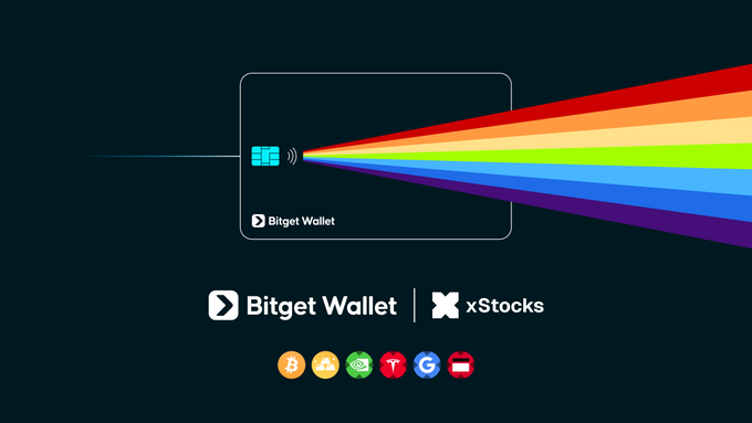 The image showcases a Bitget Wallet card emitting a rainbow spectrum alongside the Bitget Wallet and xStocks logos, symbolizing the card's ability to dispense tokenized blue-chip assets like $TSLAx, $GOOGLx, $NVDAx, and $SPYx as rewards instead of traditional cashback.