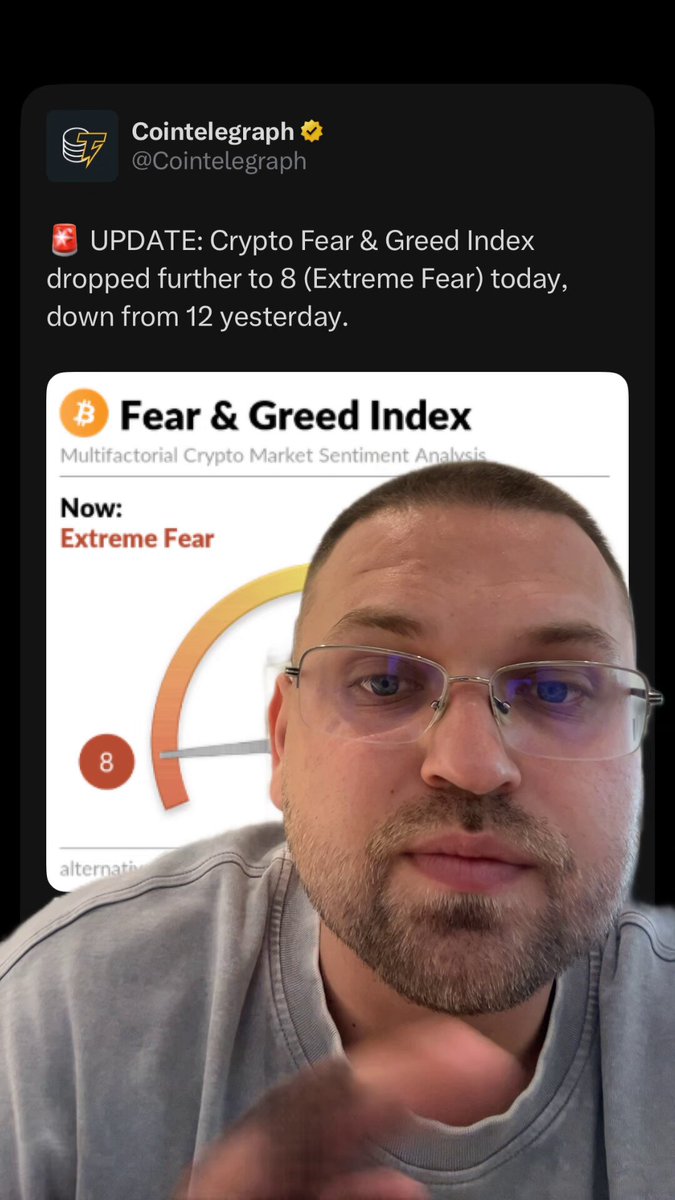 The image shows a man wearing glasses with his hand raised as if he's speaking or gesturing. The caption of the image reads "Extreme fear is here. Stop chasing old narratives like $ADA and $XRP ... protect your money, follow the liquidity, stack $BTC , and maybe keep an eye on $TON." This message seems to be related to a discussion about cryptocurrency markets and trends.