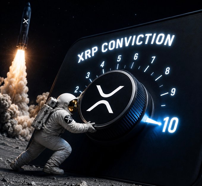 An astronaut pushes a giant "XRP CONVICTION" dial past 10, symbolizing bullish enthusiasm for the XRP cryptocurrency beyond maximum levels, while a rocket marked with the XRP logo blasts off in the background—visually reinforcing the post's message of going "all-in" on XRP with a conviction level exceeding the scale.