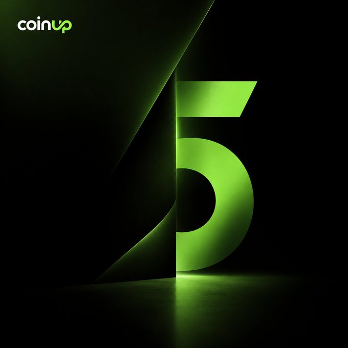 A dark graphic design with a large green number "5" emerging from behind a dark surface, with the "coinup" logo in the top left corner.