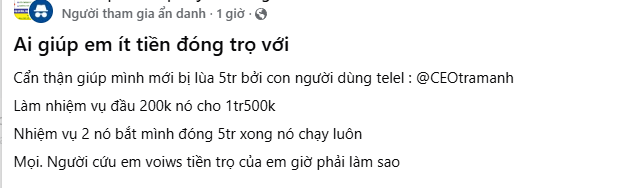 A Vietnamese Facebook post titled 'Ai giúp em ít tiền đóng trọ với' asks for help after being scammed by '@CEOtramanh'.