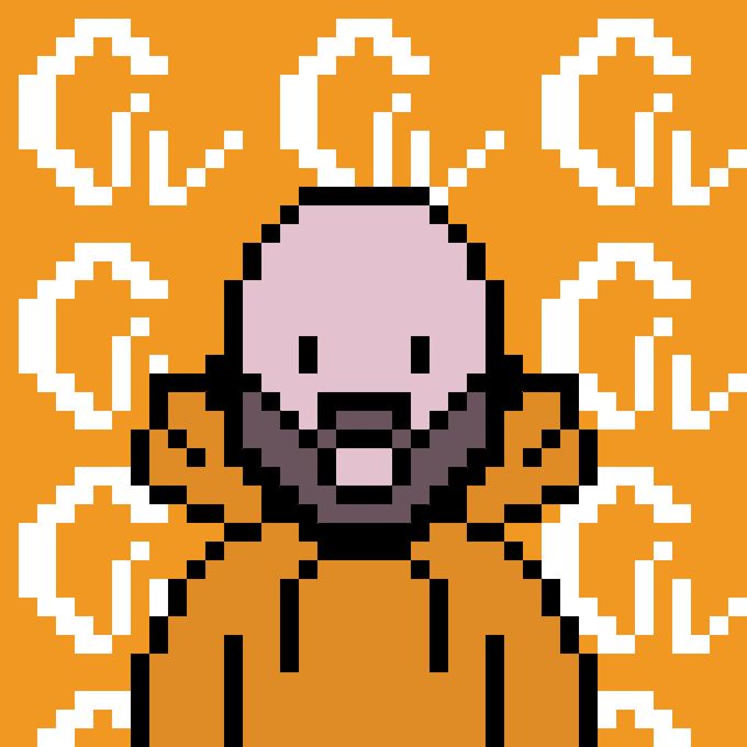 A pixel art image on an orange background featuring a smiling pink character with a beard, with repeated 'G.G' text scattered around it.